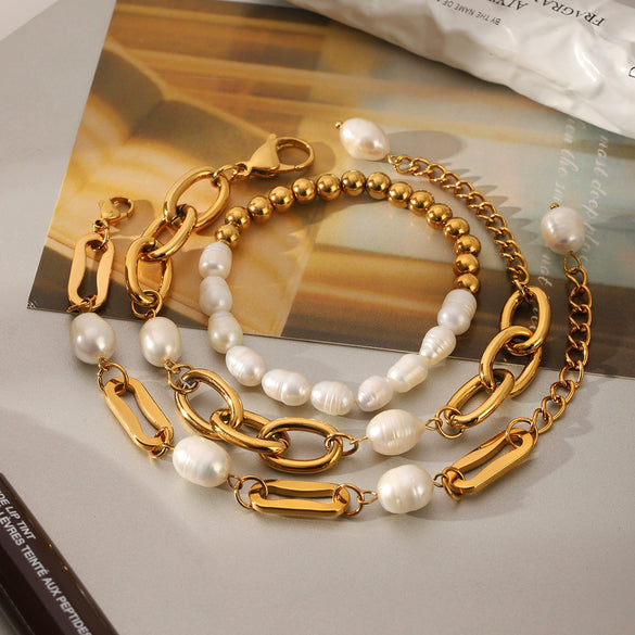 Wholesale Women's Freshwater Pearl Geometric Stainless Steel Electroplated Bracelet