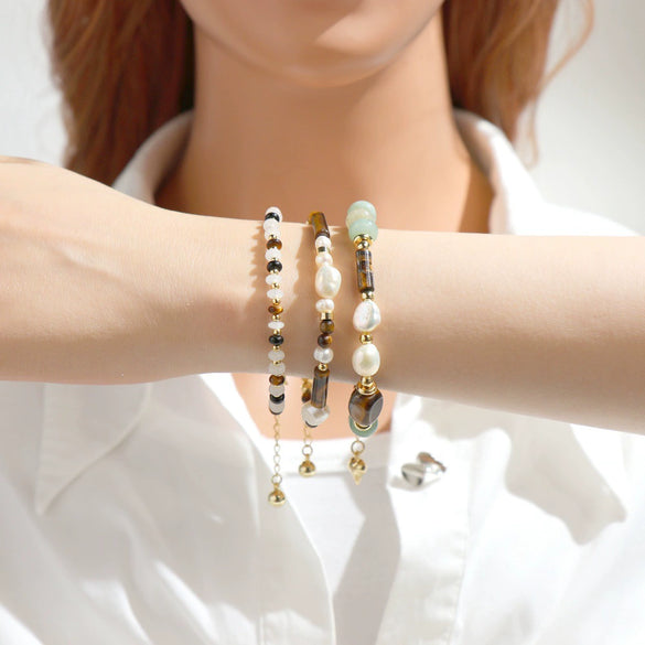 Wholesale Women's Freshwater Pearl Handmade Geometric Bracelet With Yellow Tiger Clear Onyx Stacked Wearing High Grade Light Luxury And Ins Niche Design