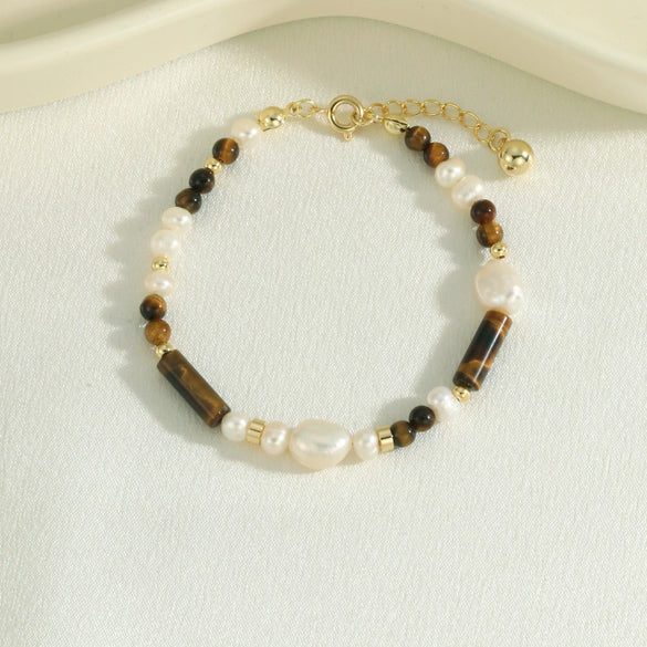 Wholesale Women's Freshwater Pearl Handmade Geometric Bracelet With Yellow Tiger Clear Onyx Stacked Wearing High Grade Light Luxury And Ins Niche Design