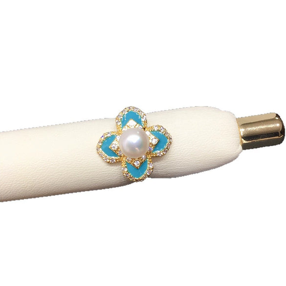 Wholesale Women's Freshwater Pearl Ring Copper Fourpetal Flower Vintage Style