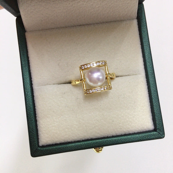 Wholesale Women's Freshwater Pearl Ring Copper Geometric Square Style