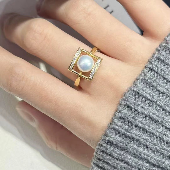 Wholesale Women's Freshwater Pearl Ring Copper Geometric Square Style