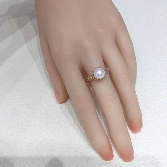 Wholesale Women's Freshwater Pearl Ring Copper Material Flat Round And Rose Buns Round Shape Premium Sense Delicate Crown Style