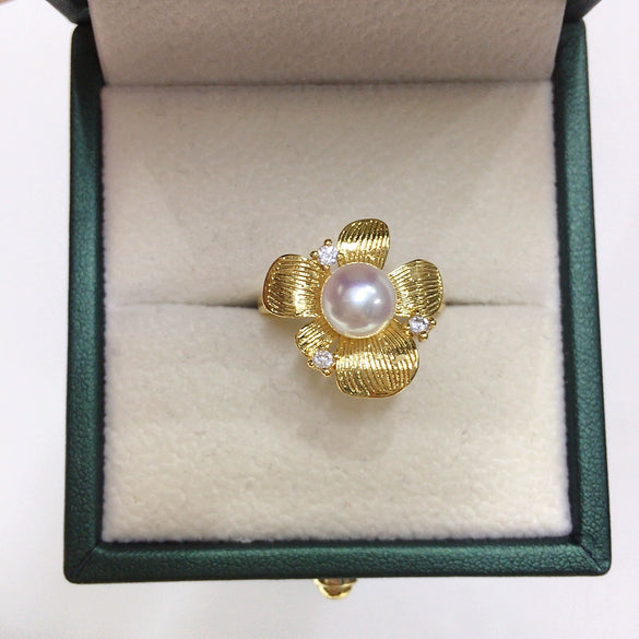 Wholesale Women's Freshwater Pearl Ring With Copper Accessories And Flower Zircon Design