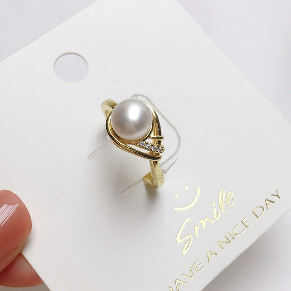 Wholesale Women's Freshwater Pearl Zircon Ring Copper Goldplated In Flat Round And Steamed Bread Round Shape