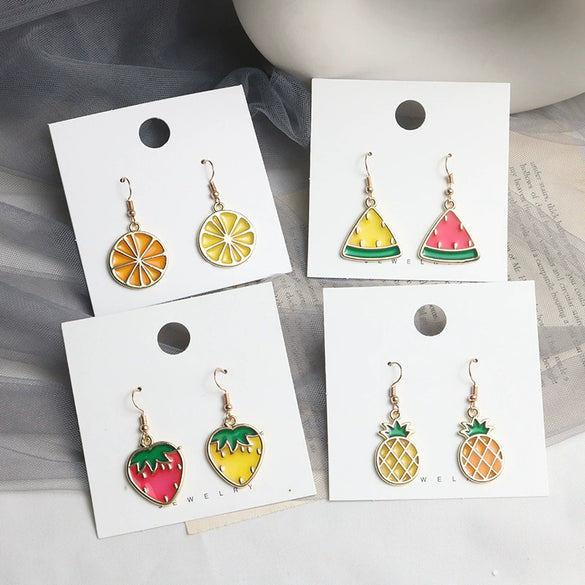 Wholesale Women's Fruit Earrings With Red Strawberry Yellow Pineapple Watermelon Lemon Pendant Alloy Electroplated
