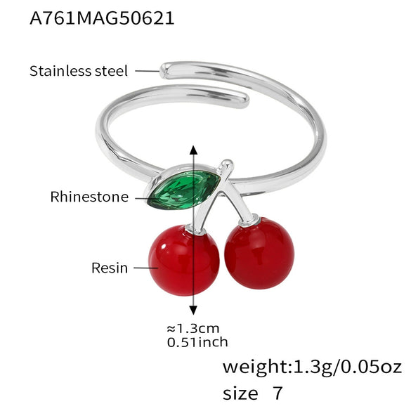 Wholesale Women's Fruit Geometric Rhinestone Resin 316L Stainless Steel Open Ring Jewelry With 18K Gold Electroplating