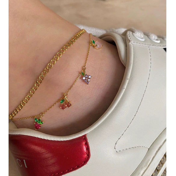 Wholesale Women's Fruit Patterned Anklet With Goldplated Artificial Gemstones And Semiprecious Stones