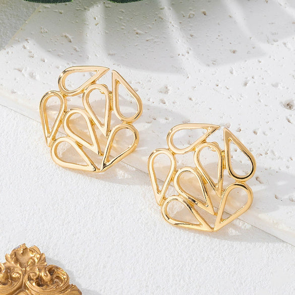 Wholesale Women's Geometric Alloy And Stainless Steel Electroplated Hollow Line Water Drop Earrings