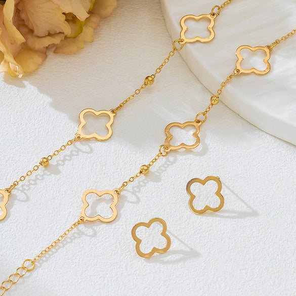 Wholesale Women's Geometric Alloy Electroplated Clover Bracelet And Necklace Jewelry