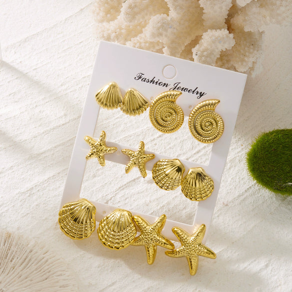Wholesale Women's Geometric Alloy Electroplated Starfish Conch Pearl Earring Set
