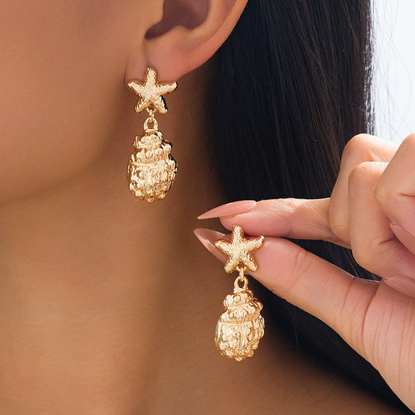 Wholesale Women's Geometric Alloy Electroplated Starfish Shell Earrings In Vintage Elegant Style