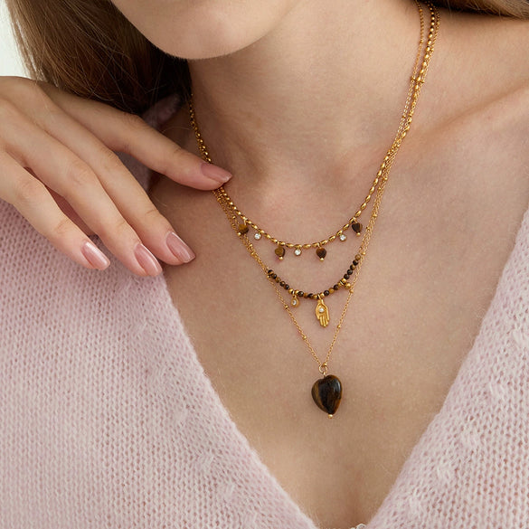 Wholesale Women's Geometric Ancient Style Tiger Eye Stone Stainless Steel Electroplated Necklace Jewelry