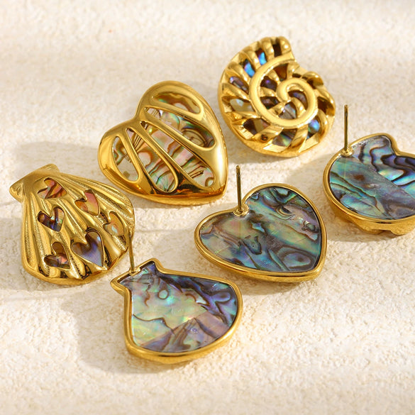 Wholesale Women's Geometric And Heart Shape Stainless Steel 18K Gold Plated Hollow Abalone Shell Earrings