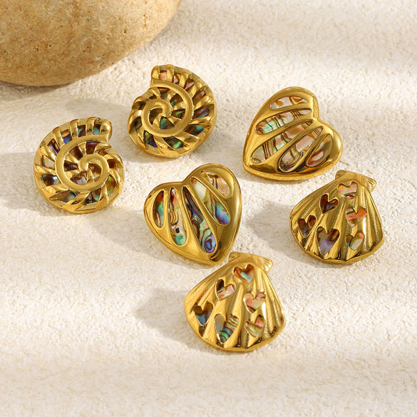 Wholesale Women's Geometric And Heart Shape Stainless Steel 18K Gold Plated Hollow Abalone Shell Earrings