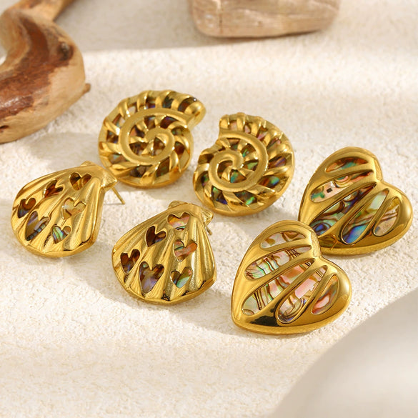 Wholesale Women's Geometric And Heart Shape Stainless Steel 18K Gold Plated Hollow Abalone Shell Earrings