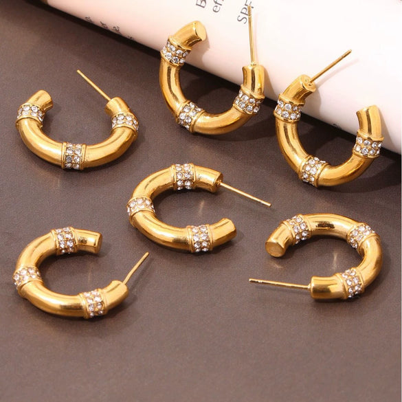 Wholesale Women's Geometric And Ushaped Stainless Steel Electroplated Ferris Wheel Cshaped Diamond Earrings