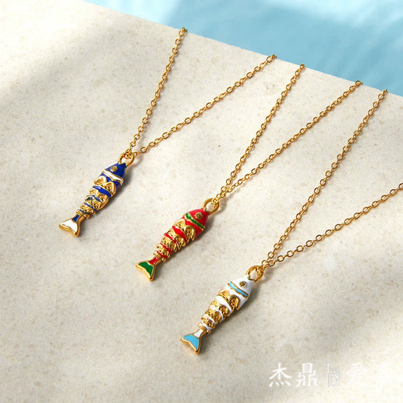 Wholesale Women's Geometric Animal Style Stainless Steel Oildrip Fish Pendant Necklace With Vacuum Real Gold Plating