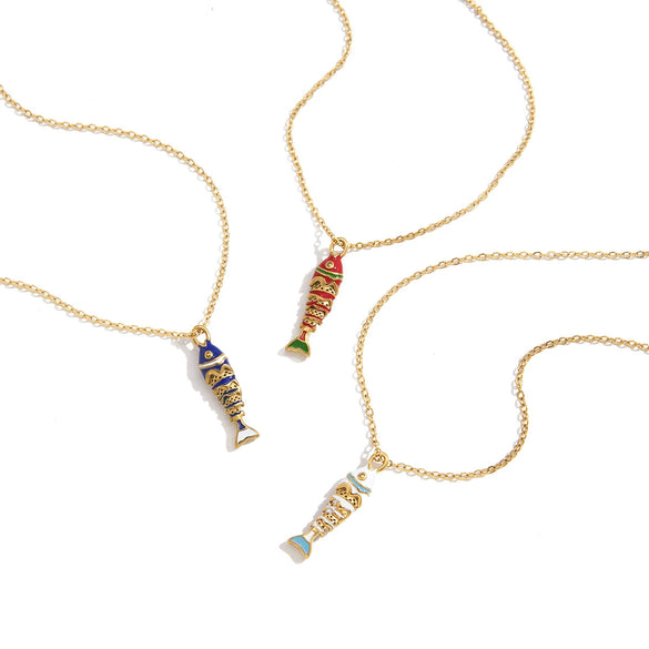 Wholesale Women's Geometric Animal Style Stainless Steel Oildrip Fish Pendant Necklace With Vacuum Real Gold Plating