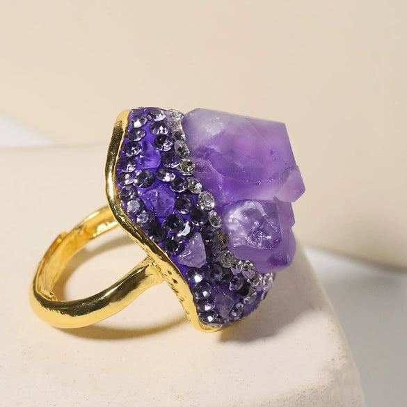Wholesale Women's Geometric Artificial Crystal Amethyst Ring With Goldplated Electroplating