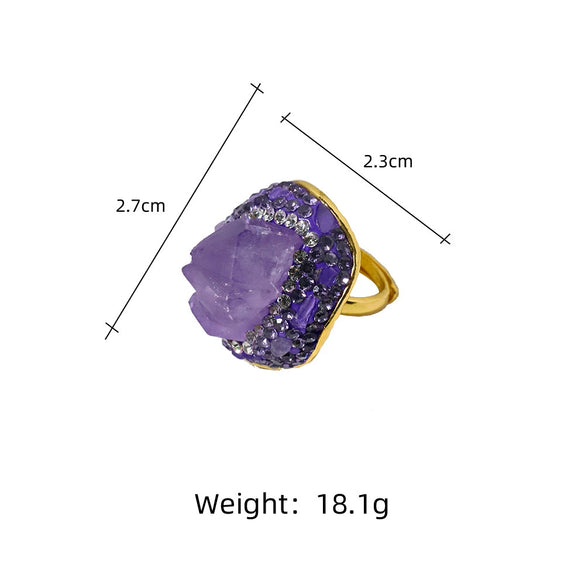 Wholesale Women's Geometric Artificial Crystal Amethyst Ring With Goldplated Electroplating