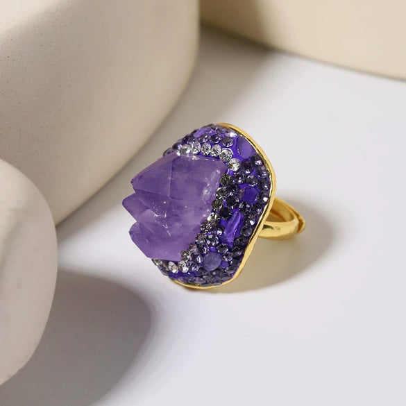 Wholesale Women's Geometric Artificial Crystal Amethyst Ring With Goldplated Electroplating