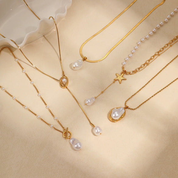 Wholesale Women's Geometric Baroque Imitation Pearl Stainless Steel 18K Electroplated Necklace Light Luxury Jewelry