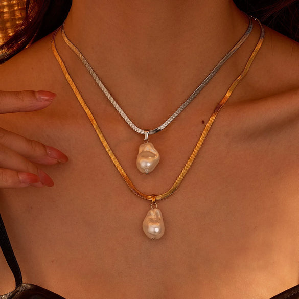 Wholesale Women's Geometric Baroque Imitation Pearl Stainless Steel 18K Electroplated Necklace Light Luxury Jewelry