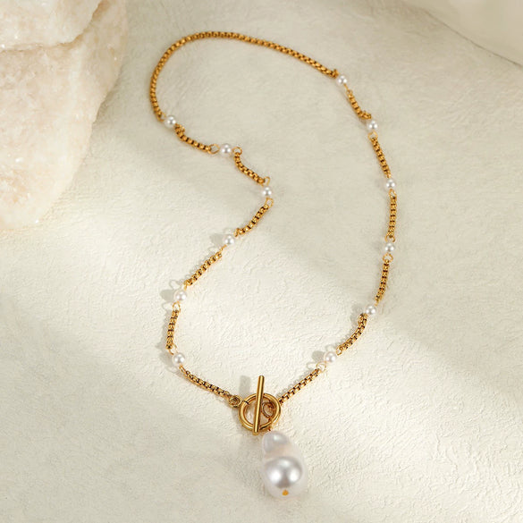 Wholesale Women's Geometric Baroque Imitation Pearl Stainless Steel 18K Electroplated Necklace Light Luxury Jewelry