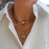 Wholesale Women's Geometric Beaded Fanshaped Turquoise Titanium Steel Goldplated Pendant Necklace