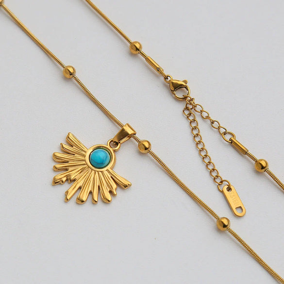 Wholesale Women's Geometric Beaded Fanshaped Turquoise Titanium Steel Goldplated Pendant Necklace