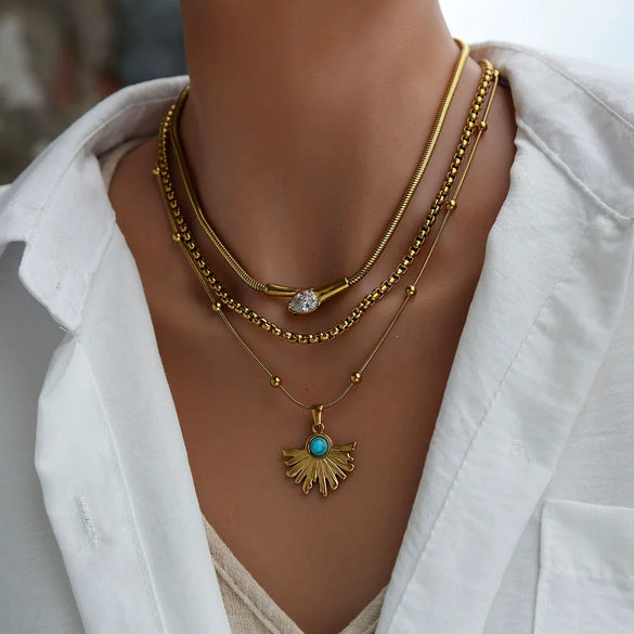 Wholesale Women's Geometric Beaded Fanshaped Turquoise Titanium Steel Goldplated Pendant Necklace