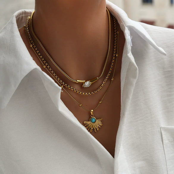 Wholesale Women's Geometric Beaded Fanshaped Turquoise Titanium Steel Goldplated Pendant Necklace