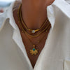 Wholesale Women's Geometric Beaded Fanshaped Turquoise Titanium Steel Goldplated Pendant Necklace