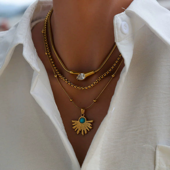 Wholesale Women's Geometric Beaded Fanshaped Turquoise Titanium Steel Goldplated Pendant Necklace
