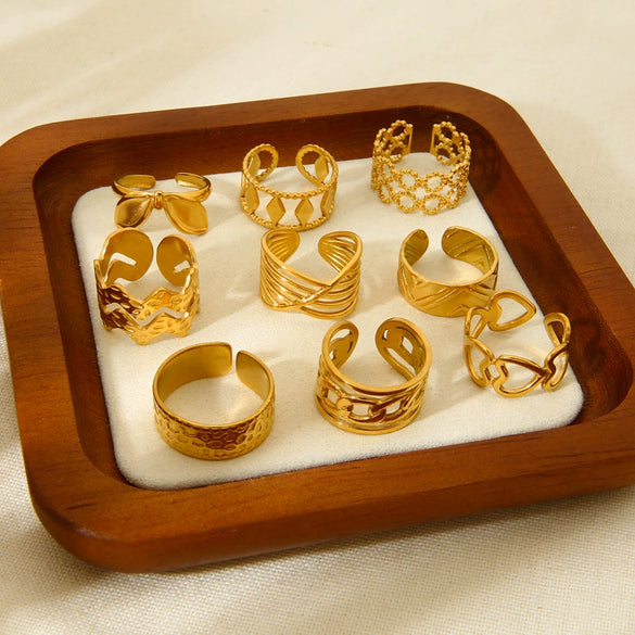 Wholesale Women's Geometric Bow Wave Doublelayer Open Ring 18K Gold Plated Stainless Steel