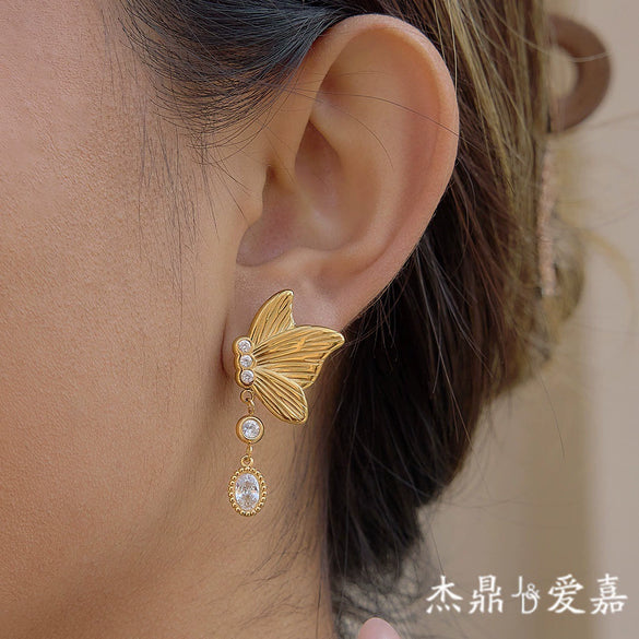 Wholesale Women's Geometric Butterfly Pendant Earrings Stainless Steel Vacuum Real Gold Plated