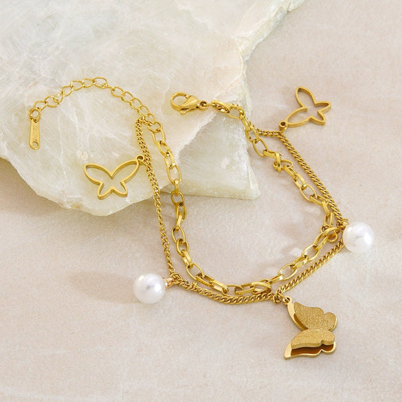 Wholesale Women's Geometric Butterfly Stainless Steel Pearl Doublelayer Electroplated Bracelet Jewelry