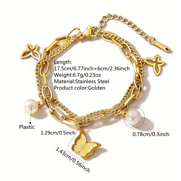 Wholesale Women's Geometric Butterfly Stainless Steel Pearl Doublelayer Electroplated Bracelet Jewelry