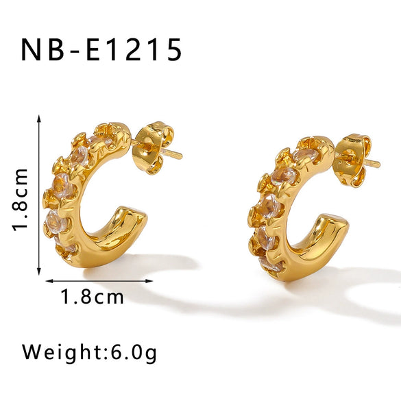 Wholesale Women's Geometric C Shaped Titanium Steel Earrings With 18K Gold Plated Stainless Steel And Inlaid Zircon 18K Vacuum Plated In Furnace