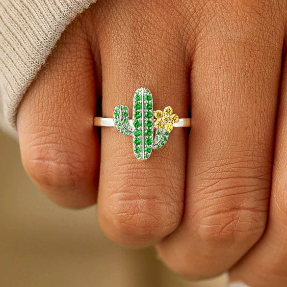 Wholesale Women's Geometric Cactus Tree Ring 925 Sterling Silver Green Zircon Electroplated