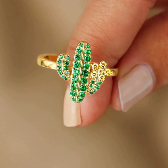 Wholesale Women's Geometric Cactus Tree Ring 925 Sterling Silver Green Zircon Electroplated