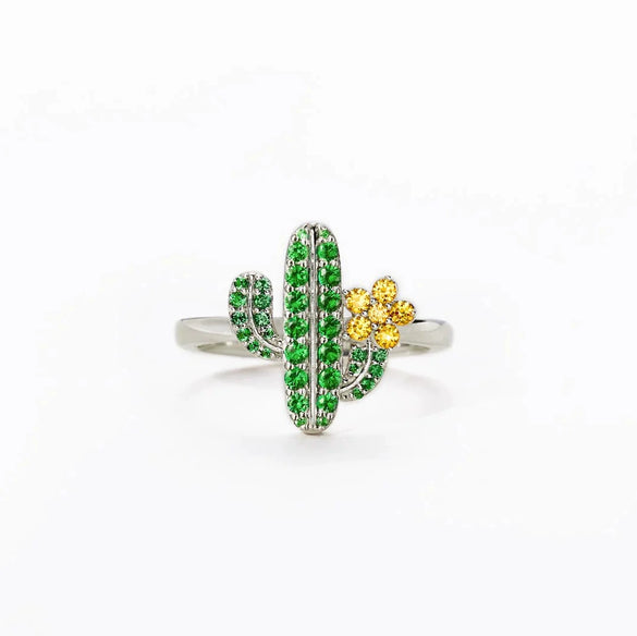 Wholesale Women's Geometric Cactus Tree Ring 925 Sterling Silver Green Zircon Electroplated