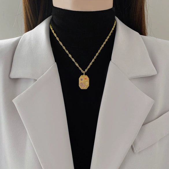 Wholesale Women's Geometric Cartoon Plant Flowers Square Star Galaxy Furnace Real Gold Electroplated Titanium Steel Necklace