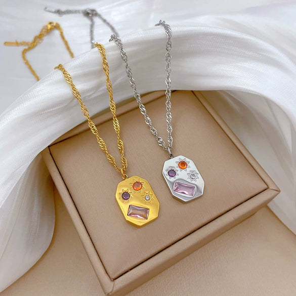 Wholesale Women's Geometric Cartoon Plant Flowers Square Star Galaxy Furnace Real Gold Electroplated Titanium Steel Necklace