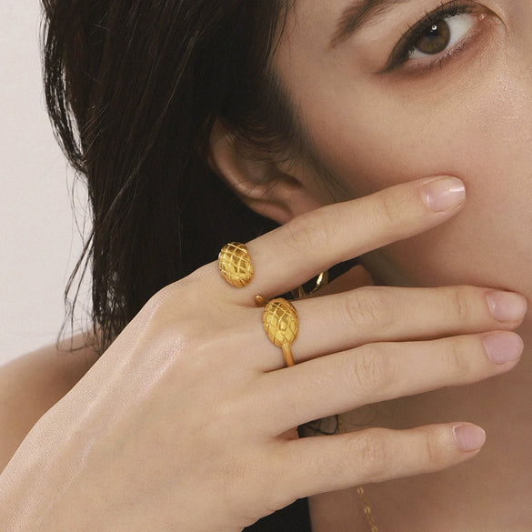 Wholesale Women's Geometric Check Open Ring Stainless Steel 18K Gold Electroplated