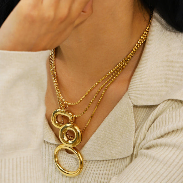 Wholesale Women's Geometric Circle Stainless Steel 18K Gold Plated Stackable Pendant With Snake Chain