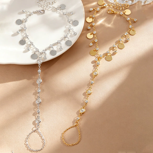 Wholesale Women's Geometric Copper Electroplated Imitation Zircon Sequin Tassel Finger Bracelet Jewelry