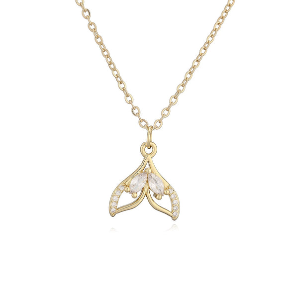 Wholesale Women's Geometric Copper 18K Gold Plated Zircon Motherofpearl Fishtail Pendant Necklace