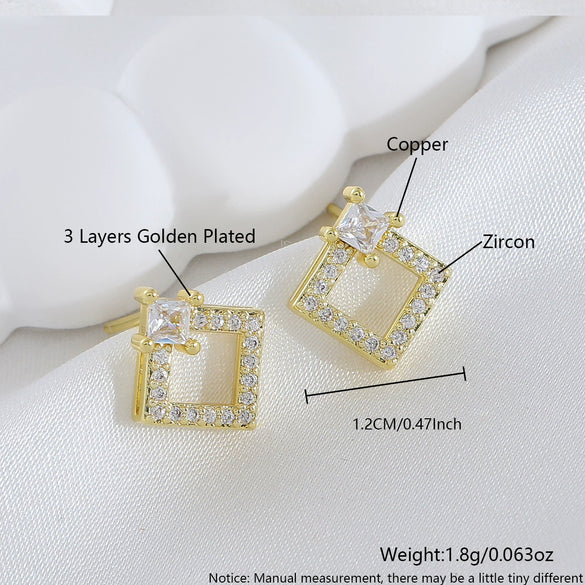 Wholesale Women's Geometric Copper Stud Earrings With Square Diamonds Ultrashiny Electroplated